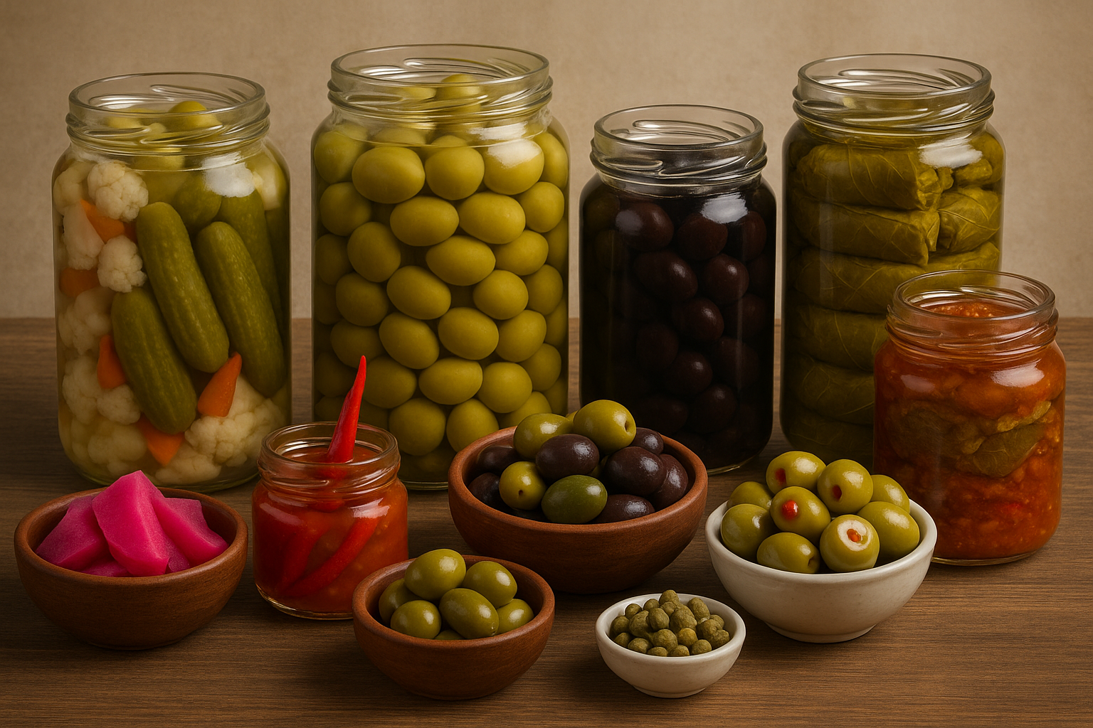 A variety of pickles and olives